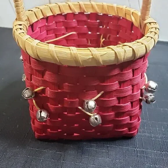 Cute Small Red Wicker Christmas Basket with Bells 5" x 8" tall Holiday Decor - Picture 5 of 11